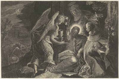 Cristo consolato da un angelo nel Getsemani, con San Domenico e Santa Caterina da Siena da Raphaël Sadeler (II)