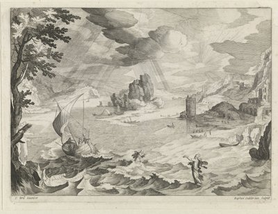 Zeegezicht met Christus en zijn leerlingen in de storm op het meer van Galilea da Raphaël Sadeler (II)