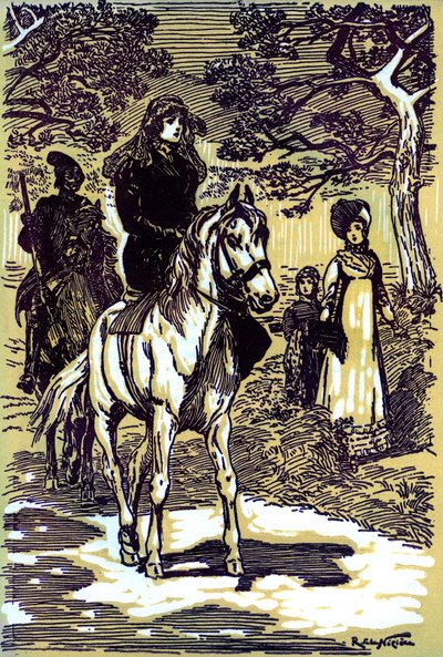 Colomba nel suo abito da lutto, a cavallo, seguita da un contadino corso da Raymond de la Neziere