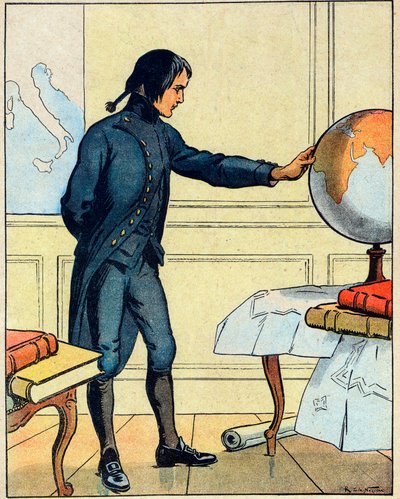 Napoleone Bonaparte (1769-1821), consulta un globo alla scuola di Brienne all