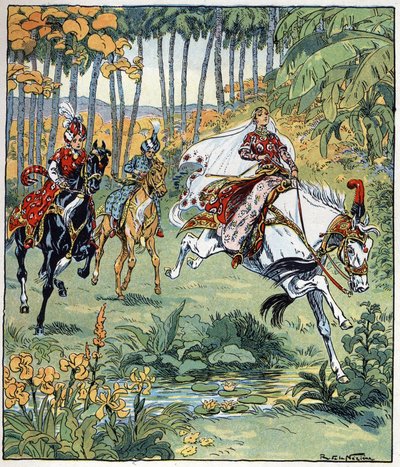 Parizade supera i suoi fratelli Bahman e Pervis nella corsa dei cavalli. Illustrazione di Raymond de La Neziere (1865-1953) per il racconto 