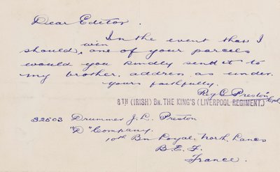 Lettera al redattore, 1914-18 da Reg G. Preston