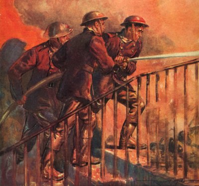 Vigili del fuoco britannici del Servizio Nazionale Antincendio durante la guerra che combattono un incendio durante il Blitz, Seconda Guerra Mondiale da Reginald Mills