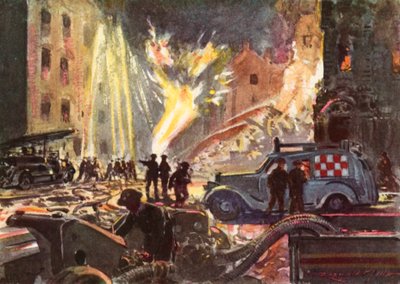 Vigili del fuoco del Servizio Nazionale Antincendio britannico durante la guerra che affrontano un incendio di una conduttura del gas durante il Blitz, Seconda Guerra Mondiale da Reginald Mills