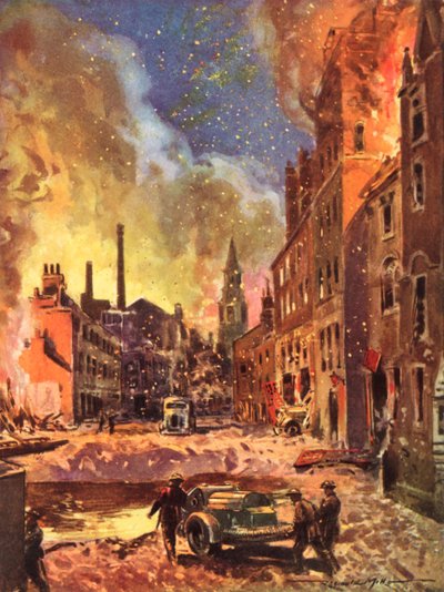 Vigili del fuoco del Servizio Nazionale Antincendio britannico in tempo di guerra che ispezionano un grande cratere di bomba durante il Blitz, Seconda Guerra Mondiale da Reginald Mills