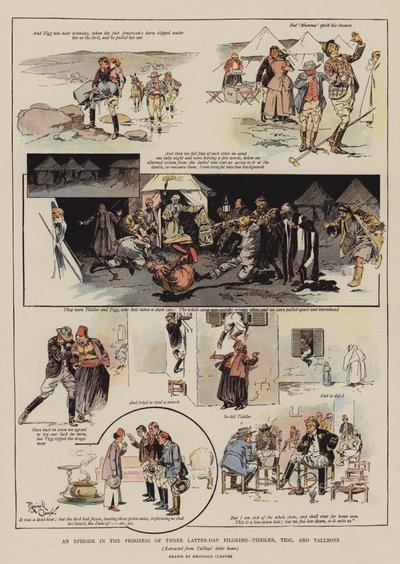 Un episodio dei progressi di tre pellegrini degli ultimi giorni, Tiddler, Tigg e Tallboys (cromolitografia) da Reginald Thomas Cleaver