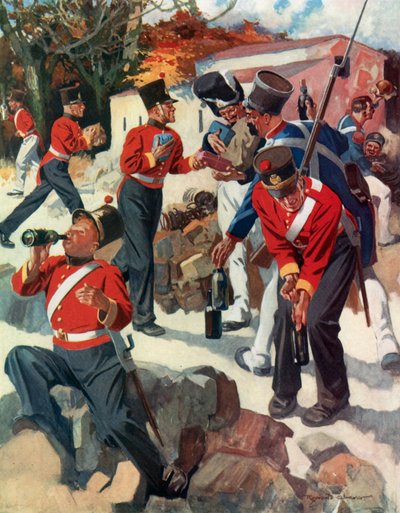 Entente Cordiale - truppe inglesi e francesi si scambiano doni durante la campagna di Wellington nella Penisola (litografia a colori) da Reginald Thomas Cleaver