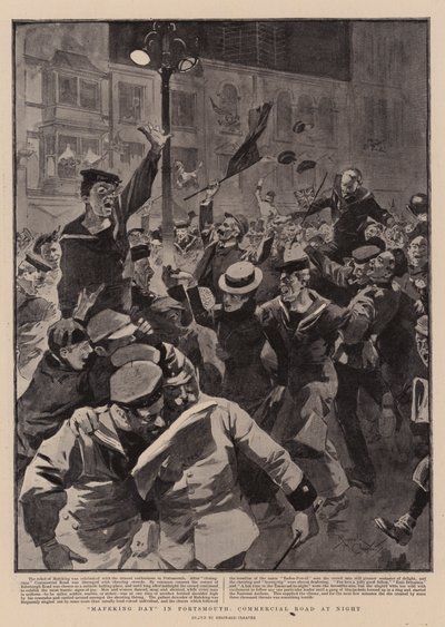"Mafeking Day" a Portsmouth, Commercial Road di notte (litografia) da Reginald Thomas Cleaver
