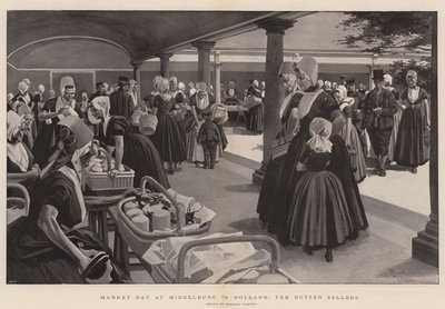 Giorno di mercato a Middelburg in Olanda, i venditori di burro (litografia) da Reginald Thomas Cleaver