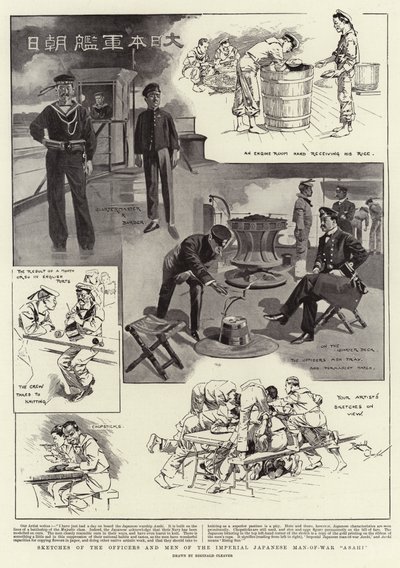 Schizzi degli ufficiali e degli uomini della nave da guerra imperiale giapponese "Asahi" (litografia) da Reginald Thomas Cleaver
