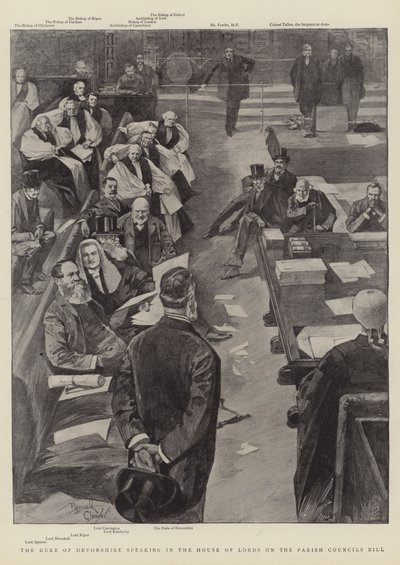 Il Duca di Devonshire interviene alla Camera dei Lord sulla legge sui consigli parrocchiali (incisione) da Reginald Thomas Cleaver
