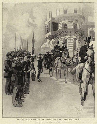 La regina a Cimiez, in partenza per il viaggio pomeridiano (litografia) da Reginald Thomas Cleaver