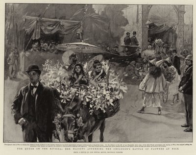 La Regina in Riviera, Sua Maestà partecipa alla Battaglia dei Fiori dei bambini a Nizza (litografia) da Reginald Thomas Cleaver
