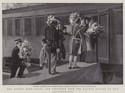 Il ritorno a casa della regina, la partenza dalla stazione ferroviaria di Nizza (litografia) da Reginald Thomas Cleaver
