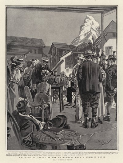 Osservare la scalata del Cervino da un hotel di Zermatt (litografia) da Reginald Thomas Cleaver