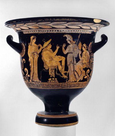 Cratere a campana a figure rosse apulo decorato con una scena del Giudizio di Paride, c.375-350 a.C. da Rehearsal Painter