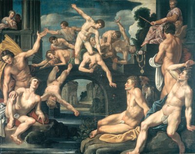 Giovani uomini che lottano su un ponte. Allegoria da Reinhold Timm
