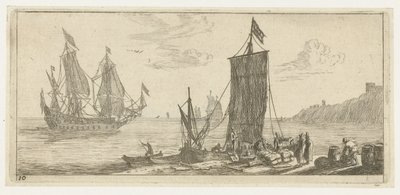 Baia con un hoeker e una nave da guerra da Reinier Nooms