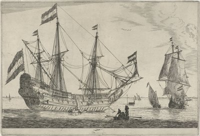 Grande nave a vela e una barca a remi da Reinier Nooms