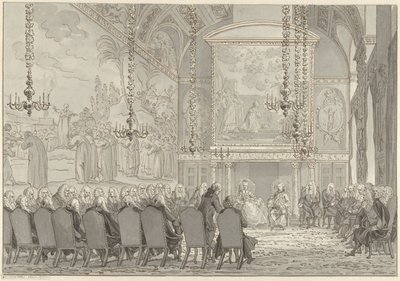 Accoglienza del Principe Guglielmo V e Guglielmina di Prussia nella Sala del Consiglio del Municipio di Amsterdam da Reinier Vinkeles (I)