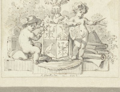 Due putti, con compasso e caduceo, presso lo stemma di Schoemaker da Reinier Vinkeles (I)