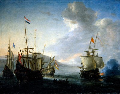 Scontro navale con marinaio in una barca a remi da Reinier Zeeman