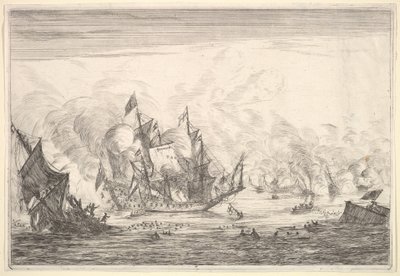 Battaglia navale con una nave inglese che affonda a sinistra, da Battaglie navali Nieuwe Sc..., 1652-54 da Reinier Zeeman