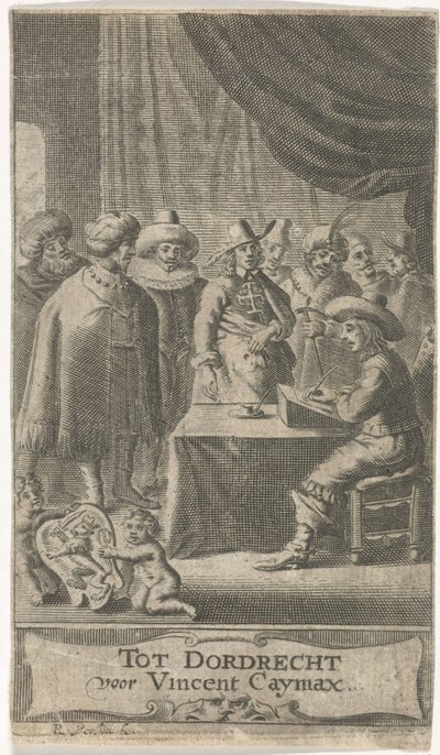 Mercante al tavolo di scrittura (Pagina del titolo per: J. van der Does e altri, Viaggi vari, 1652) da Reinier van Persijn