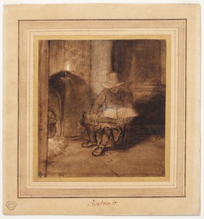 Interno, con un uomo seduto vicino al fuoco, che legge alla luce di una lampada da Rembrandt Harmensz. van Rijn (circle of)