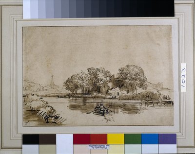 Un uomo che rema su una barca sul Bullewijk, con vista verso Ouderkerk, c.1650 da Rembrandt Harmensz. van Rijn