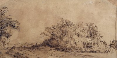 Una strada accidentata lungo il dyke con alberi che nascondono una fattoria da Rembrandt Harmensz. van Rijn