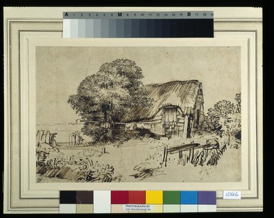 Un cottage con tetto di paglia vicino a un grande albero, una figura seduta fuori, c.1648-52 da Rembrandt Harmensz. van Rijn