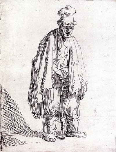 Mendicante con cappello alto in piedi da Rembrandt Harmensz. van Rijn