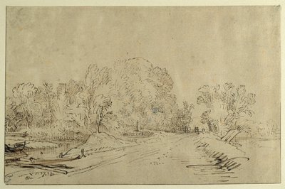 Canale con barche, una strada sul dyke e alberi da Rembrandt Harmensz. van Rijn