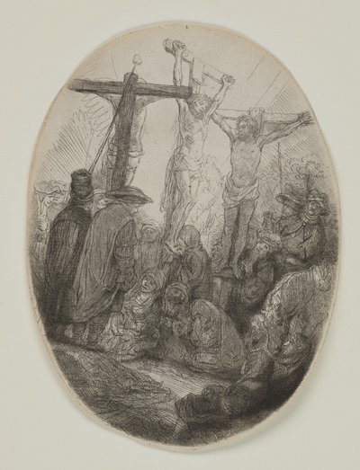 Cristo crocifisso tra due ladroni: lastra ovale da Rembrandt van Rijn