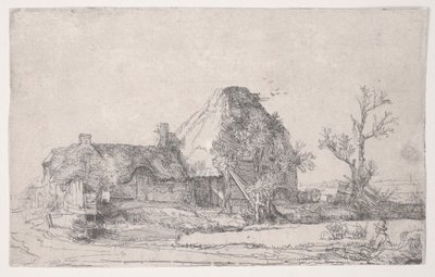 Cottage e edifici agricoli con un uomo che disegna da Rembrandt van Rijn