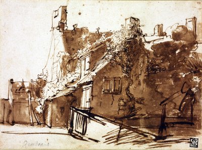 Fattoria alla luce del sole - Rembrandt van Rhijn (1606-1669) - 1635-1636 - Penna, pennello, colore marrone su carta - 16,4x22,3 cm - Szepmuveszeti Muzeum, Budapest da Rembrandt Harmensz. van Rijn