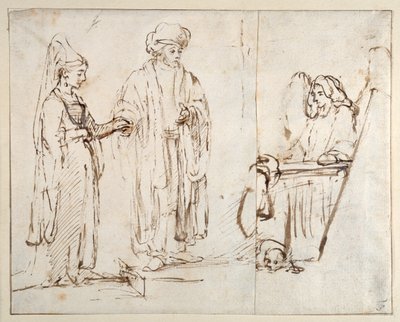 Laban porta Leah a Giacobbe, con Giacobbe sovrapposto da un frammento di un altro disegno; un angelo con un cane ai suoi piedi da Rembrandt Harmensz. van Rijn