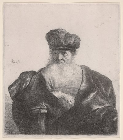 Vecchio con barba fluente, berretto di pelliccia e mantello di velluto da Rembrandt van Rijn