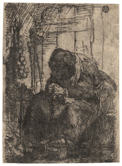 Vecchia donna seduta in una casetta con un filo di cipolle sul muro, 1629 circa (acquaforte) da Rembrandt Harmensz. van Rijn