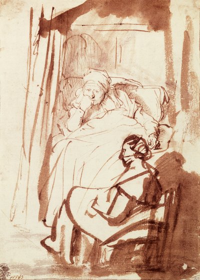 Saskia a letto, una donna seduta ai suoi piedi da Rembrandt Harmensz. van Rijn