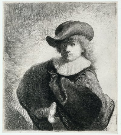 Autoritratto con cappello morbido e mantello decorato da Rembrandt Harmensz. van Rijn