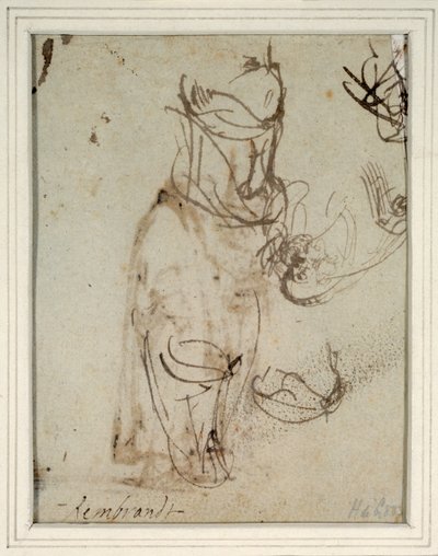 Studi di un alto copricapo; e di una testa rovesciata dal recto da Rembrandt Harmensz. van Rijn