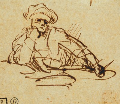 Studio di uno scrittore, seduto, in pausa di riflessione da Rembrandt van Rijn