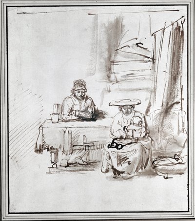 La Sacra Famiglia. Disegno a penna e inchiostro (disegno) da Rembrandt Harmensz. van Rijn