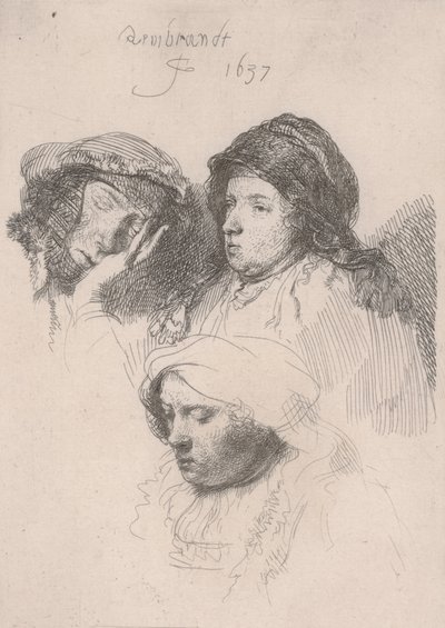 Tre teste di donne, una addormentata da Rembrandt van Rijn