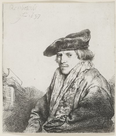 Giovane uomo con berretto di velluto e libri accanto da Rembrandt van Rijn