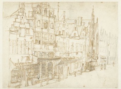 Vista di una fila di case in una città da Rembrandt van Rijn (school of)