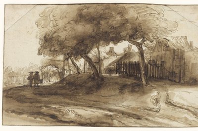 Case e alberi su una diga da Rembrandt van Rijn (school of)