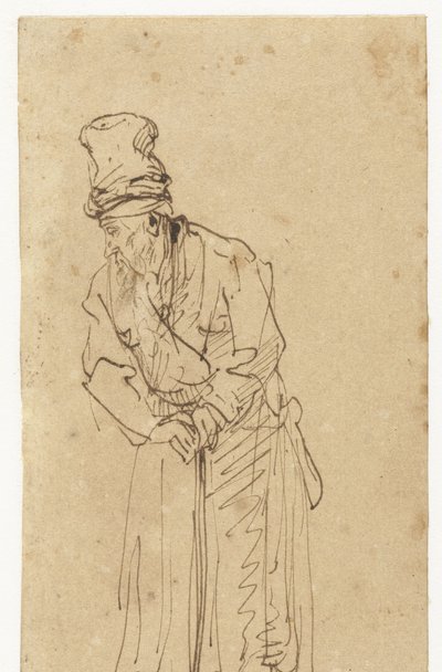 Vecchio uomo appoggiato a un bastone da Rembrandt van Rijn (school of)